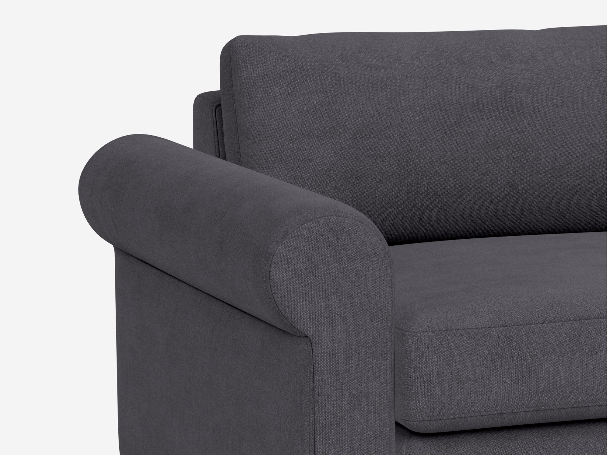 Grey wide armchair with roll arms detail view